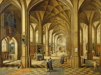 Interior of a Gothic style church with three naves